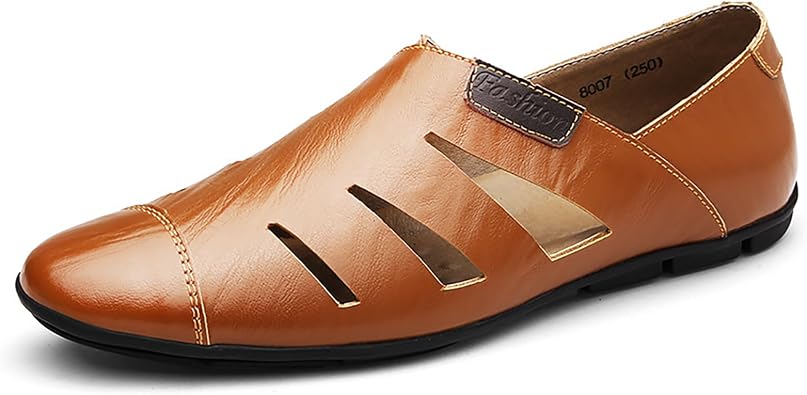 Mens Leather Hollow Out Sandals Comfortable Breathable Closed Toe Slip On Flat Loafers Business Work Casual Walking Shoes