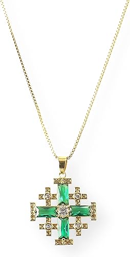Nazareth Store Colgante de cruz de Jerusalén bañado en oro amarillo de 18 quilates con topacio cristalizado y cadena de collar de 20 pulgadas
