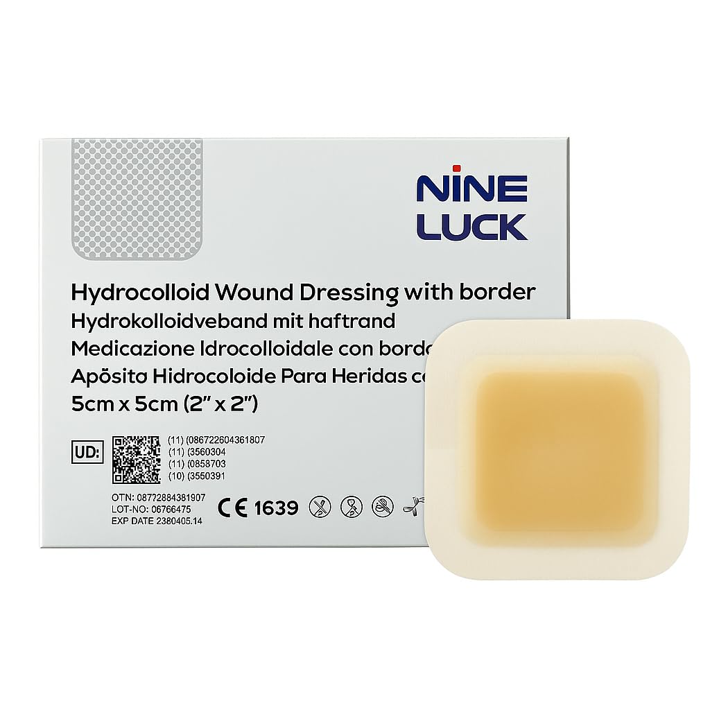 5pcs - 5cm x 5cm Hydrocolloid Wound Dressing Pads with Border - Sterile Waterproof Adhesive Bandages for Wounds - Medical and First Aid Supplies – for Cuts Scratches Burns Pressure Sores e.g.
