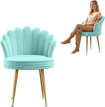 Velvet Vanity Chair with Shell Backrest, Upholstered Dressing Table Chair with Gold Metal Legs, Accent Armchair for Bedroom and Living Room blue