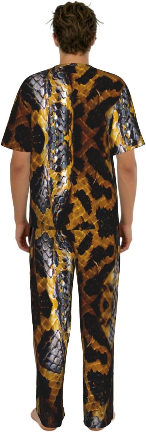 Men'S 2 Piece Loungewear Pajama Set Yellow Snake Print Short Sleeve Tee Top And Pants Set S-3xl