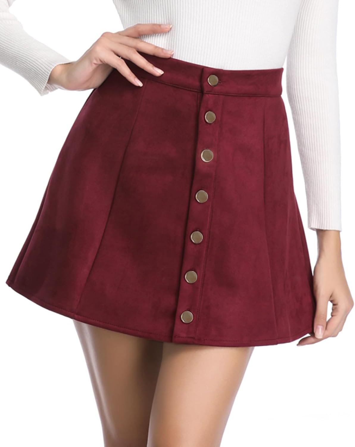 Fuinloth Women's Faux Suede Skirt Button Closure A-Line High Wasit Mini Short Skirt - Image 2