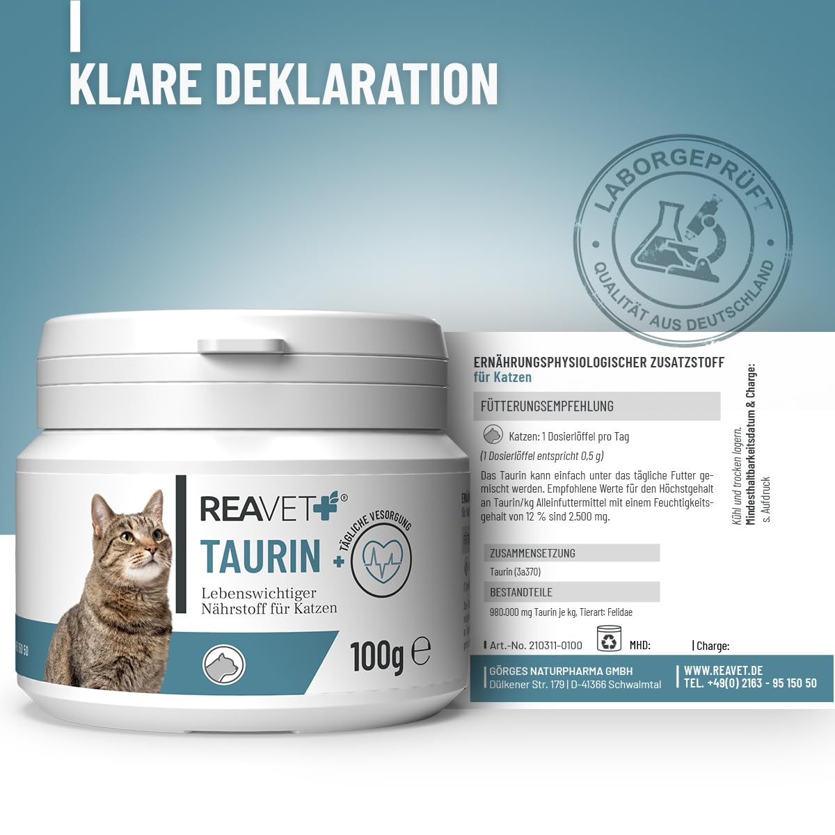 ReaVET Taurina para gatos 100 g – Apoyo cardiovascular, polvo de taurina 100% puro, aminoácidos que apoyan las defensas y el metabolismo celular