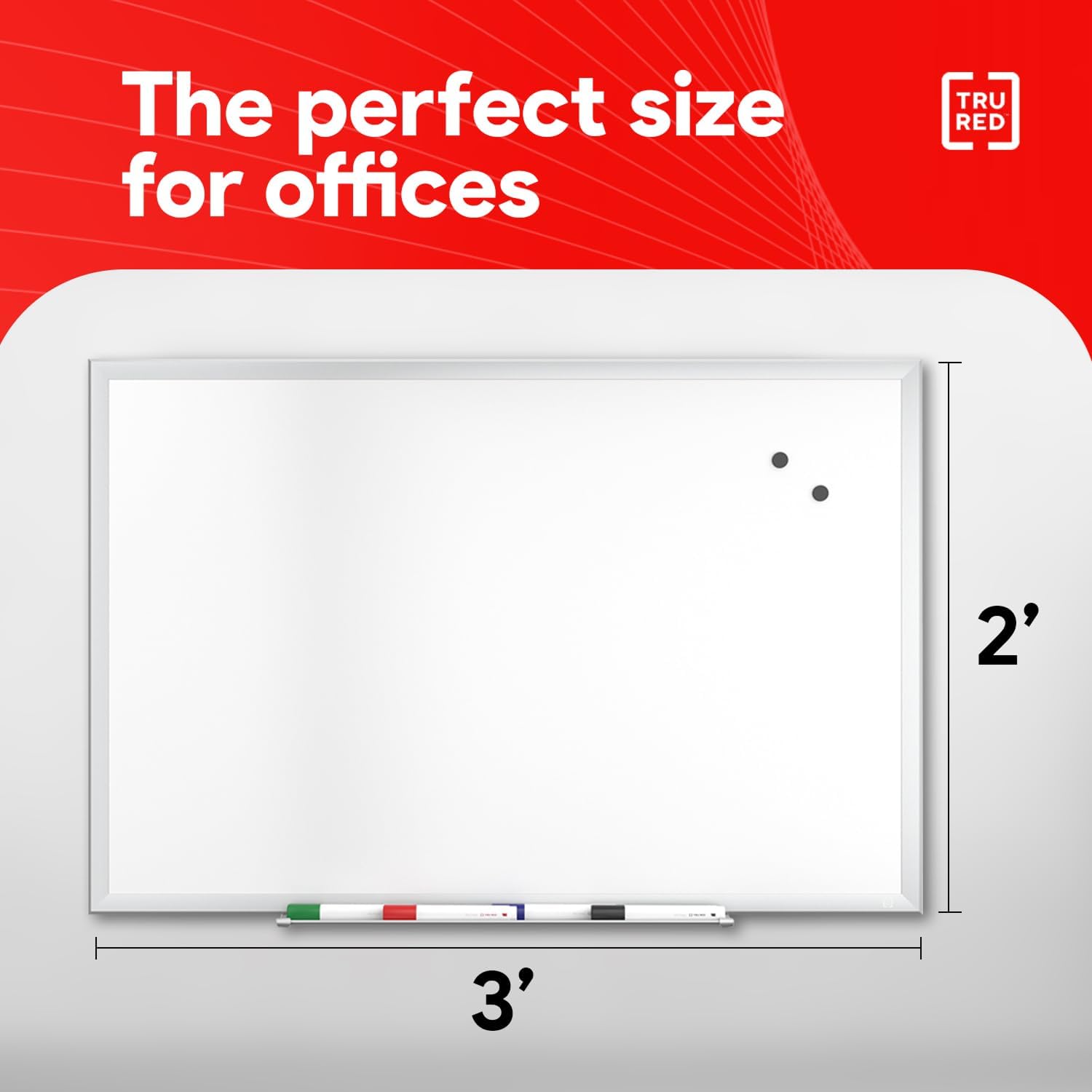 TRU RED Steel Magnetic Whiteboard | Dry Erase Board for Wall, White Board with Satin Frame, 3 ft x 2 ft, + 4 Multicolor Markers