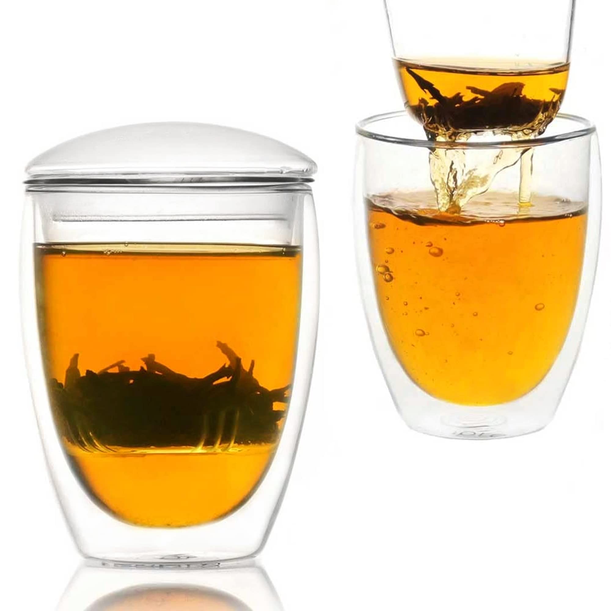 Infuseur à thé à double paroi en verre de 350 ml avec passoire transparente et couvercle | Coffret cadeau pour théière | Mug diffuseur pour une personne | Passoires à thé pour thé en vrac (2)