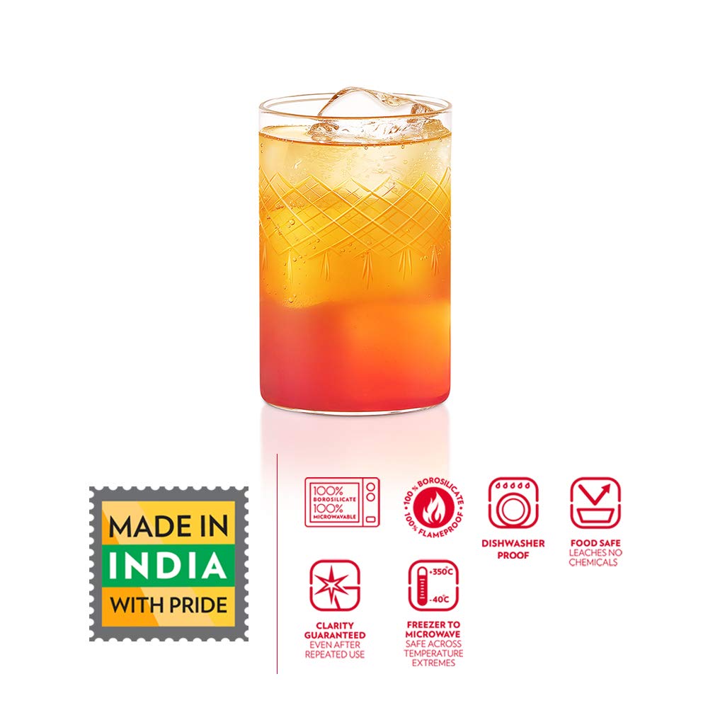 Borosil 295ml 6pc Transparent Drinking Glass | Borosilicate Glass Tumblers for Water, Cold Drinks, Juice | Flame Proof, Microwave & Dishwasher Safe | for Daily use & Gifting (Bracelet1)