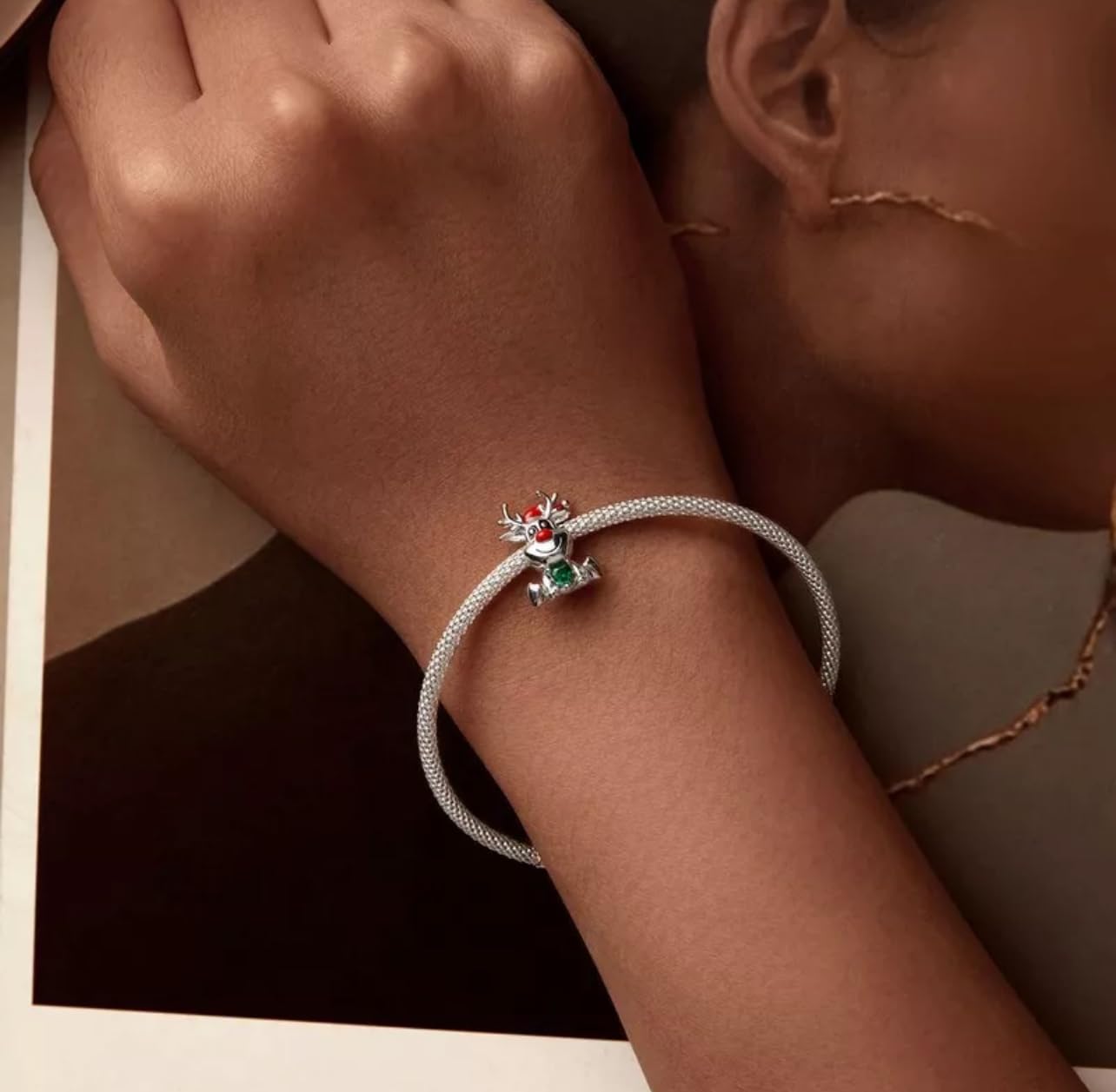 FLXHHX Abalorio de Navidad con diseño de Reno de Rudolph, Plata de Ley 925 auténtica, Compatible con Pulsera