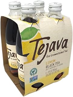 Tejava Lemon Black Iced Tea, 4 Pack, 12oz Glass Bottles, Unsweetened, Non-GMO, Kosher, No Sugar or Sweeteners, No calories, No Preservatives, Brewed in Small Batches