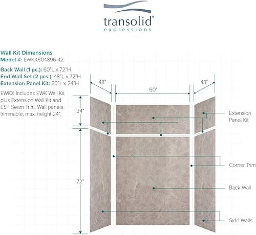 Miniatura 203 de Transolid EWKX483696-41 Expressions - Kit de pared de ducha de 6 paneles con extensión, 36 pulgadas de largo x 48 pulgadas de ancho x 96 pulgadas