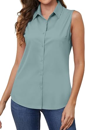 Womens Sleeveless Button Down Shirts for Women Work Blouses Tops | Wrinkle Free Womens Women Womens Button Up Collared Shirts Casual Fitted Stretch Business Office Formal Summer Blouse
