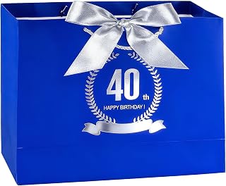 FUNCANDLE 블루 실버 해피 40번째 생일 선물 가방 인사말 손잡이와 리본 장식 남성 여성 40세 생일 선물 포장 가방 파티 선물 우아한 용품