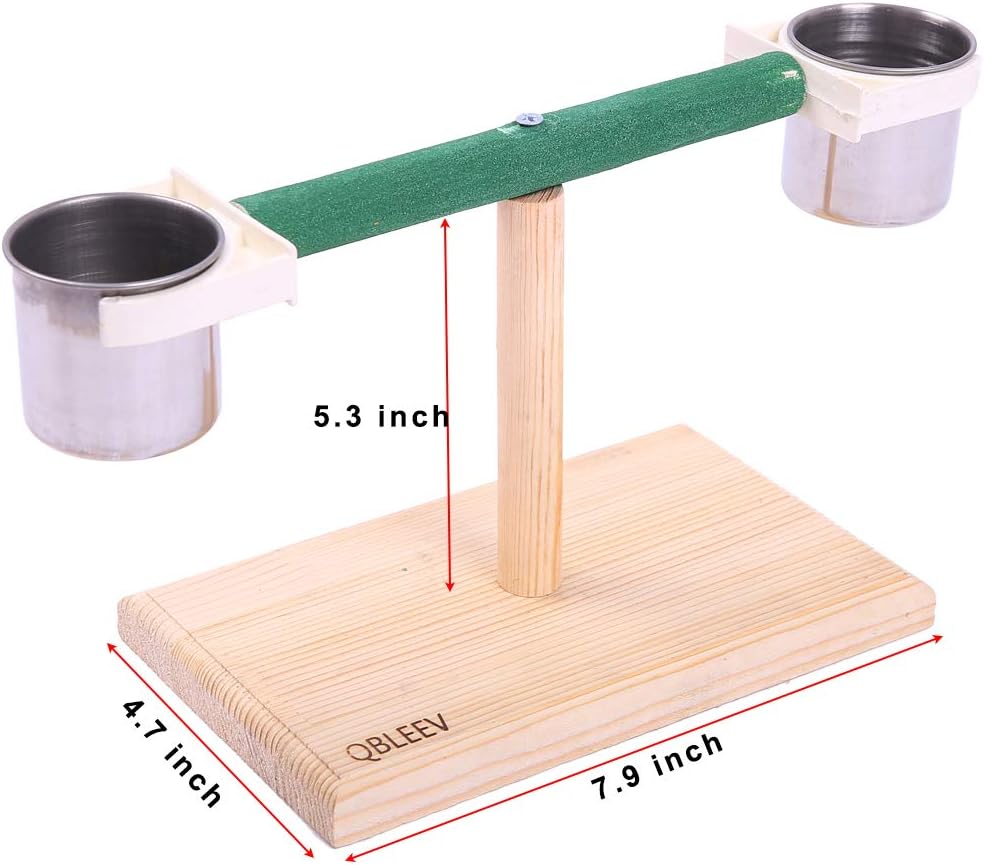 QBLEEV Bird Play T-Stands Tabletop Perch, Wooden Parrot Playstand with Cups | Portable training playground, sturdy cage stand toys for small cockatiels, conures, parakeets, finch, easy assembly