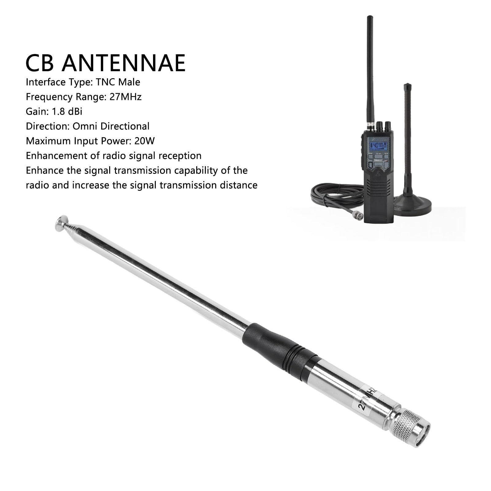 CB Portatile Portatile per President Randy 3, Migliora il Segnale, 27 MHz TNC Maschio, Telescopica, Guadagno 1,8 DBi, Compatibile con la Radio Portatile Escort 72