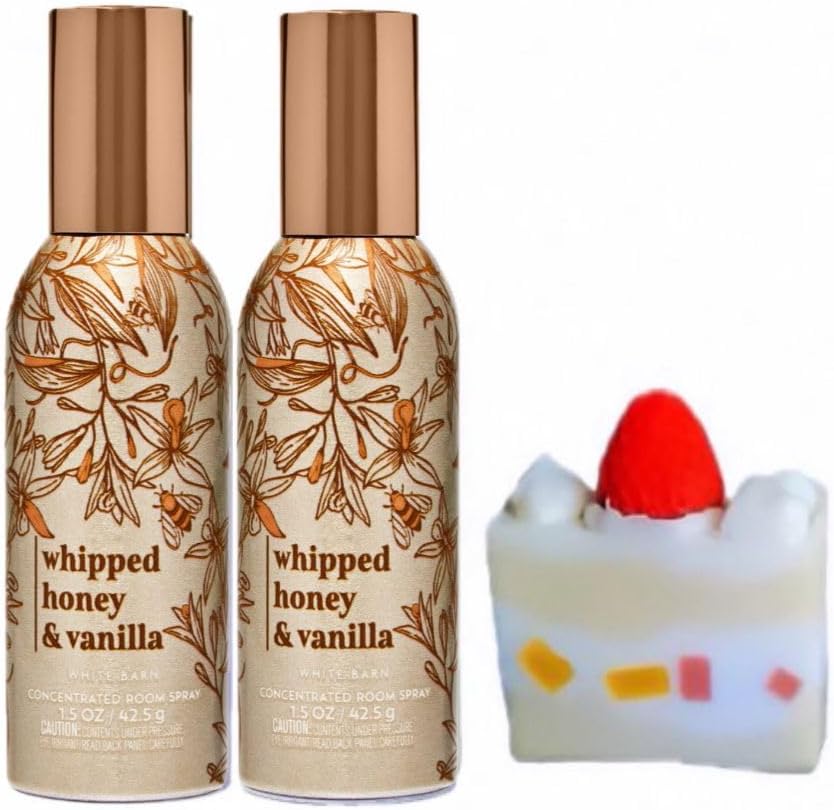 Whipped Honey & Vanilla - White Barn - Bath/Body Work - 2 Concentrated Room Spray 1.5 oz / 42.5 g and Strawberry Soap Cake (Label Artwork Varies)