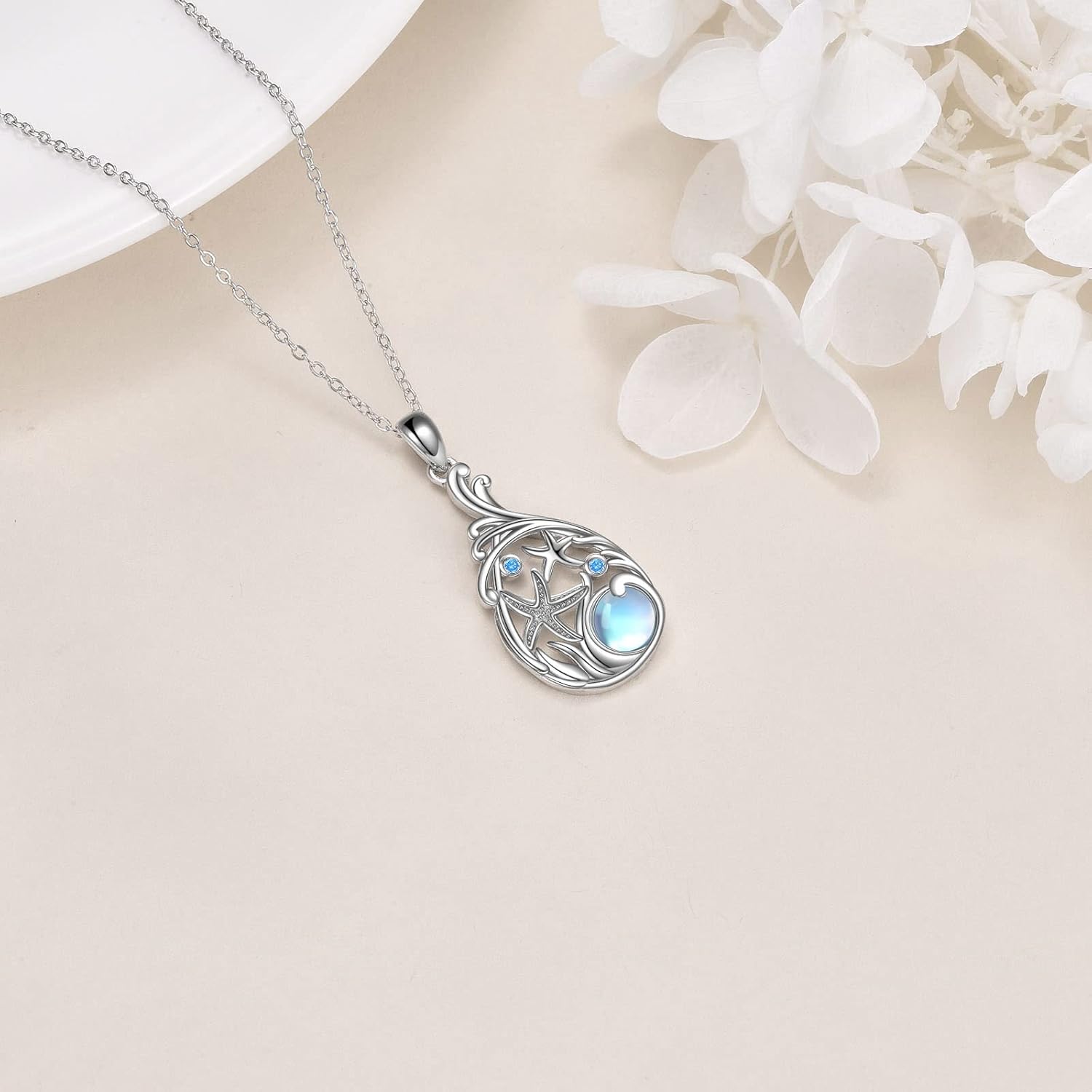 CRMAD Larimar Beach Necklace Sterling Silver Starfish Teardrop Ocean Jewelry for Women - Image 3
