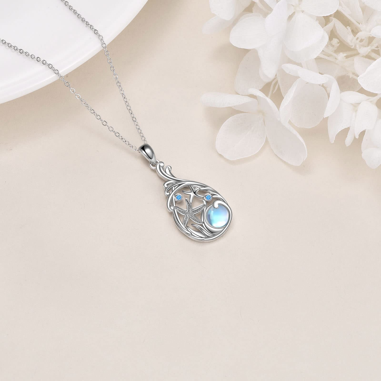 YFN Collar de playa con estrella de mar para mujer Plata de Ley Moonstone Teardrop Joyería