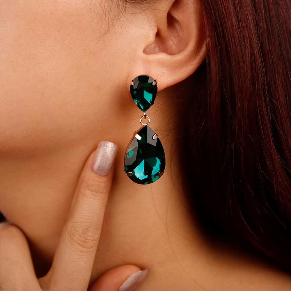 Denifery Emerald Green Earrings Teardrop Earrings Women's Rhinestone Crystal Elegant Drop Dangle Earrings for Women - Image 2
