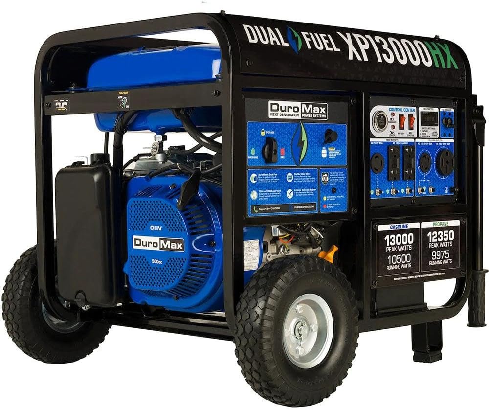 DuroMax XP13000HX 13,000-Watt Dual Fuel Portable Generator - Gas & Propane, Electric Start, Whole Home Power Backup, Transfer Switch Ready, RV & Emergency Ready