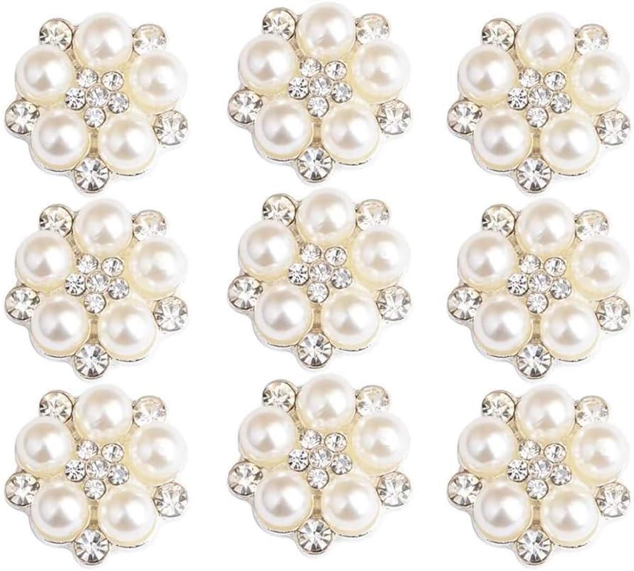 Pack of 10 Retro Silver Crystal Pearl Rhinestone Buttons Bulk Pearl Flower Embellishments for DIY Clothing Crafts Decoration