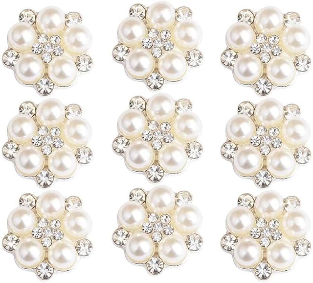 Dusenly Pack of 10 Retro Silver Crystal Pearl Rhinestone Buttons Bulk Pearl Flower Embellishments for DIY Clothing Crafts Decoration