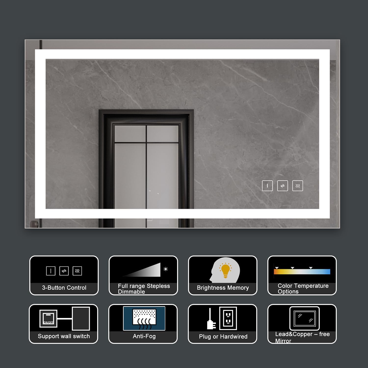 24x40 inch Lighted Vanity Mirror with Dimmable LED Lights, 3 Color Modes, Smart Touch Control, Color Temperature Changing, Defogger, Makeup Mirror for Bathroom