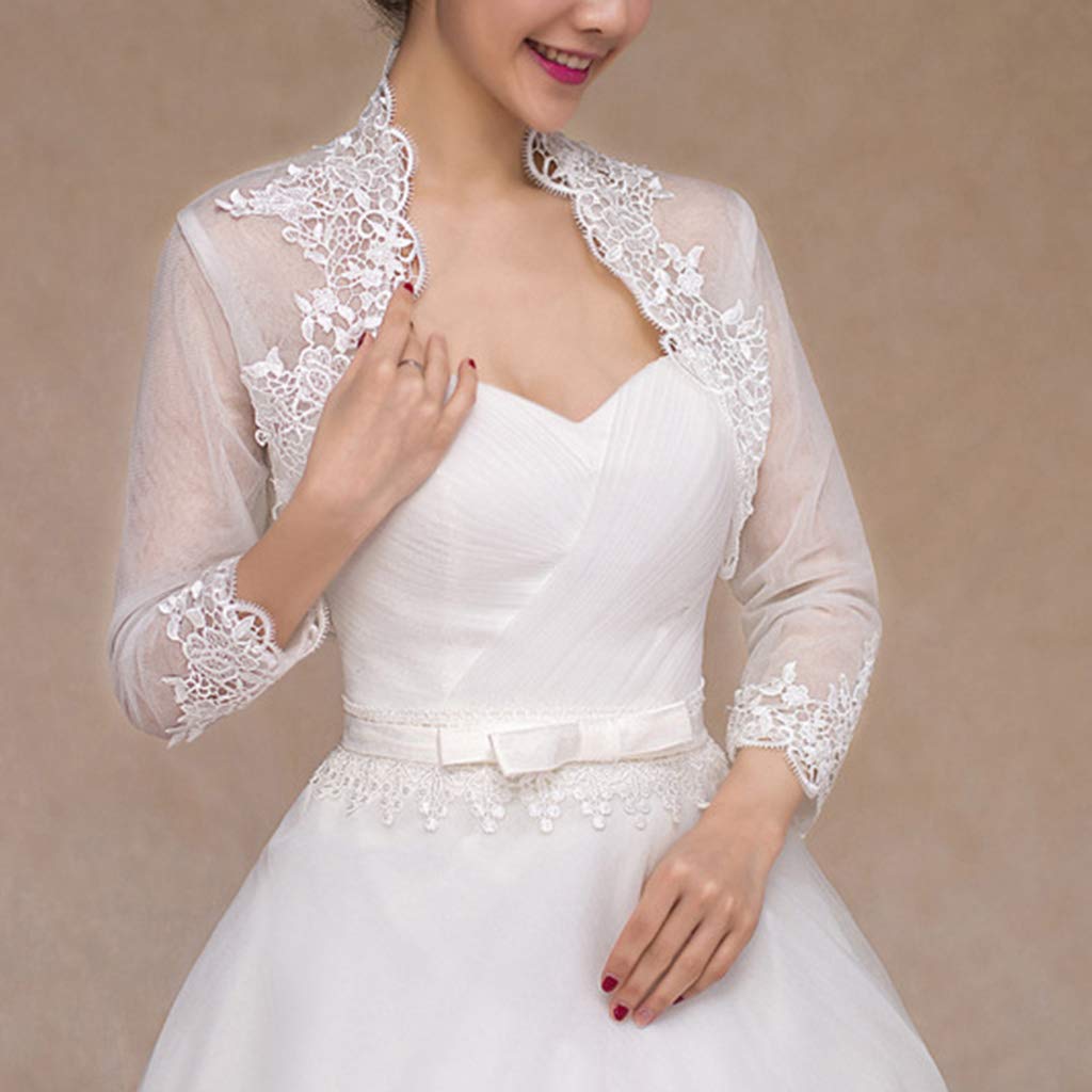 Chal de Boda, Chaqueta de Boda de Manga 3/4 para Mujer Capa con Adornos de Encaje Floral Abrigo encogiéndose de Hombros Cárdigan Bolero