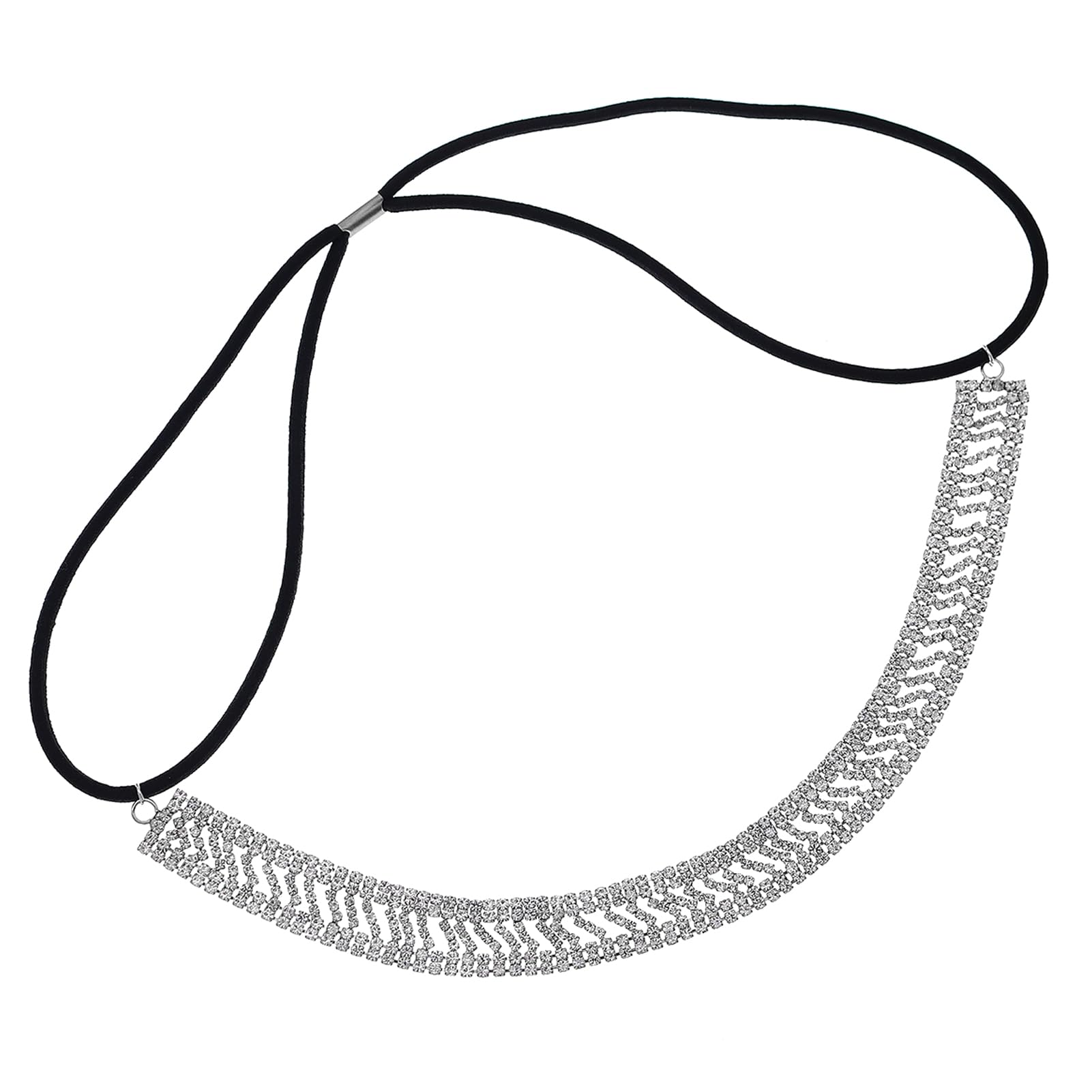 NICENEEDED Elastic Hair Jewelry Head Chain, Rhinestones Forehead Headband, Bohemian Crystal Hair Band Bridal Sparkly Silver Tiara Headpieces Hair Accessories for Wedding Party Prom Women Girls