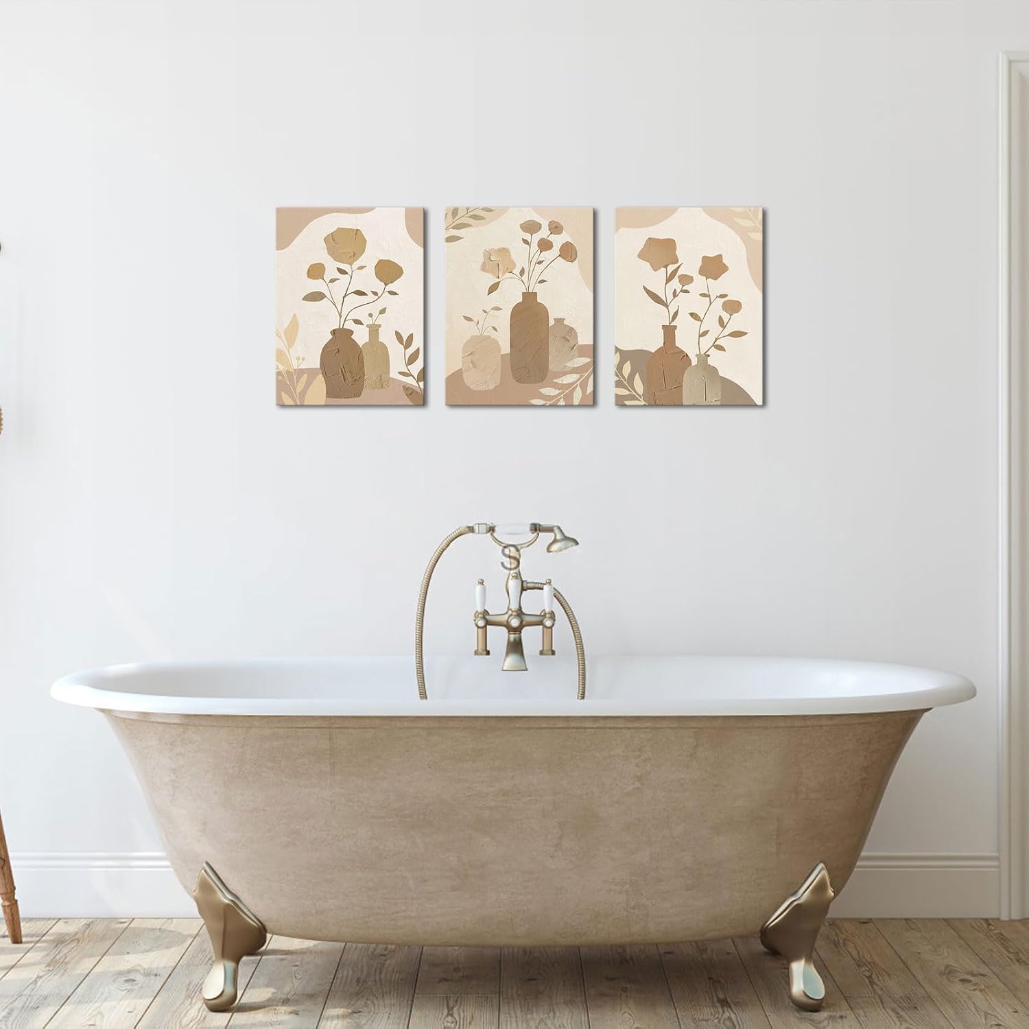 OuElegent Beige Wall Art Boho Canvas Art Botanical Painting Prints Tan Vase Picture Framed For Home Decor Set of 3 (Beige, Small)