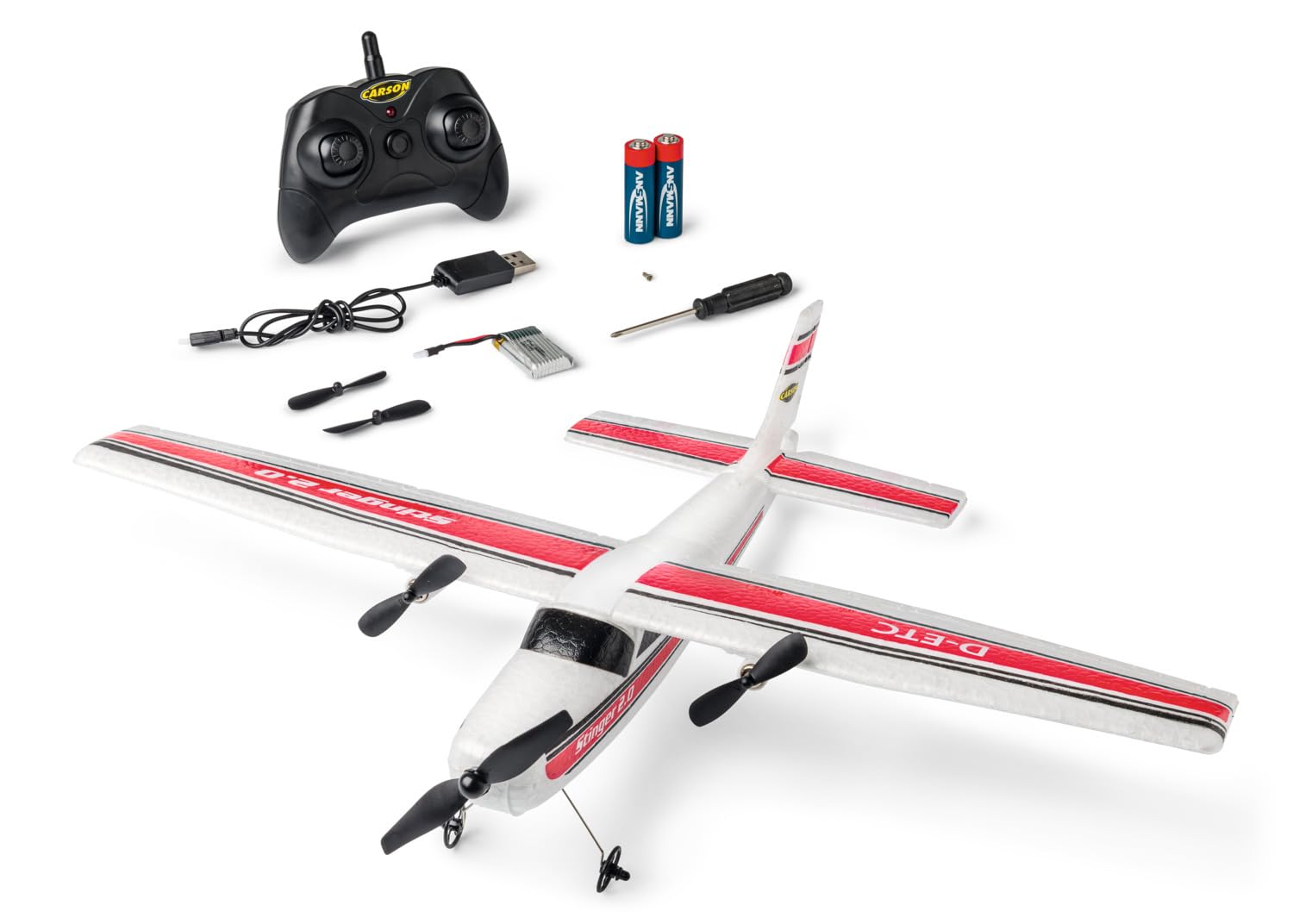 Carson Stinger 2.0 2,4 GHz 100% RTF - samolot RC dla początkujących, stabilizacja żyroskopowa, sterowanie radiowe 2,4 GHz, zdalnie sterowany samolot, biały/czerwony