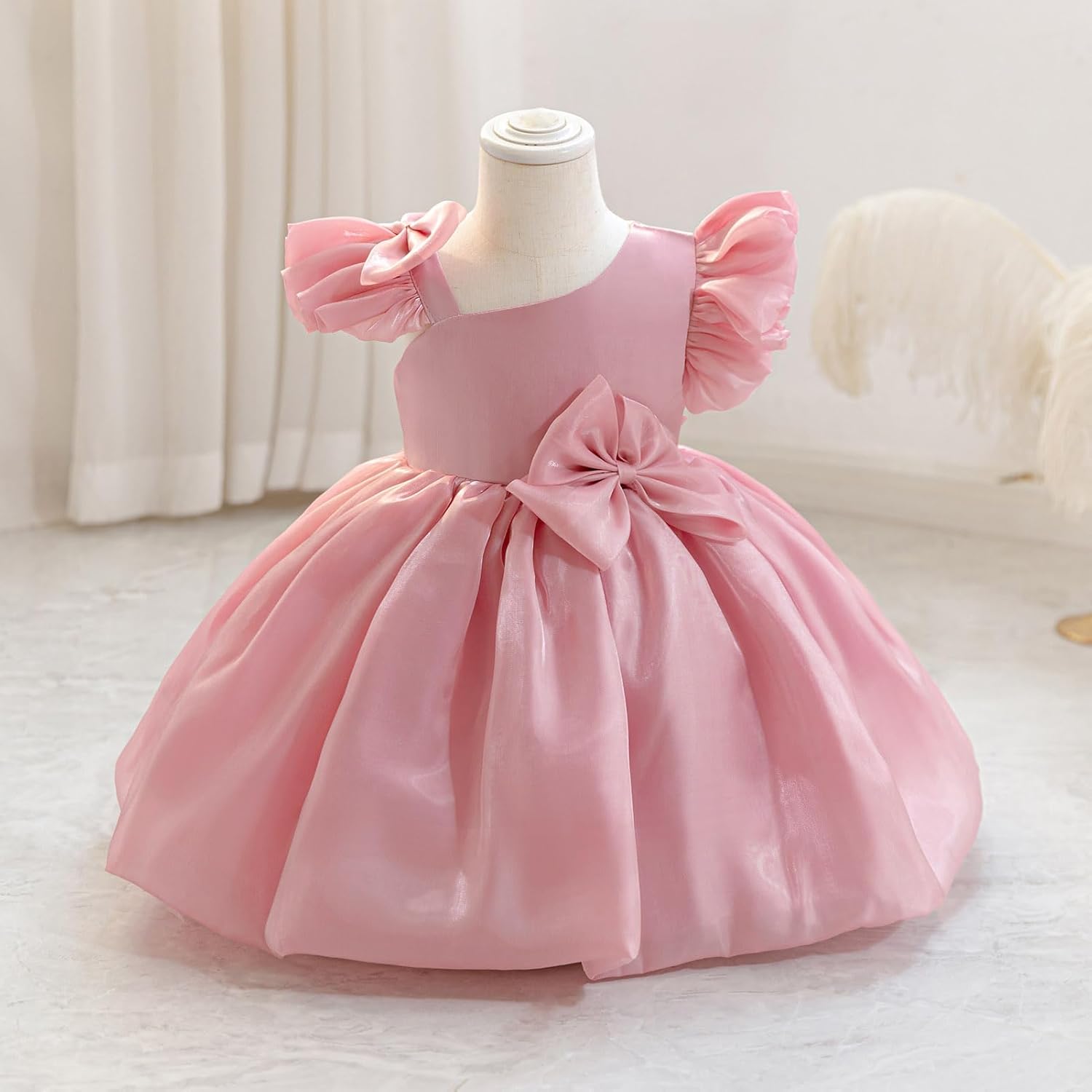 IMEKIS Toddler Baby Flower Girls Asymmetric Shoulder Formal Birthday Wedding Party Bowknot Dress 6M-5T