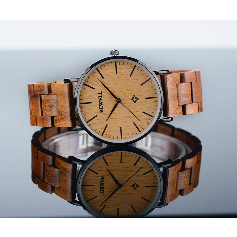 BEWELL, orologio da polso in legno per uomo/donna, sottile, analogico, al quarzo, minimalista, W163A Men-Brown