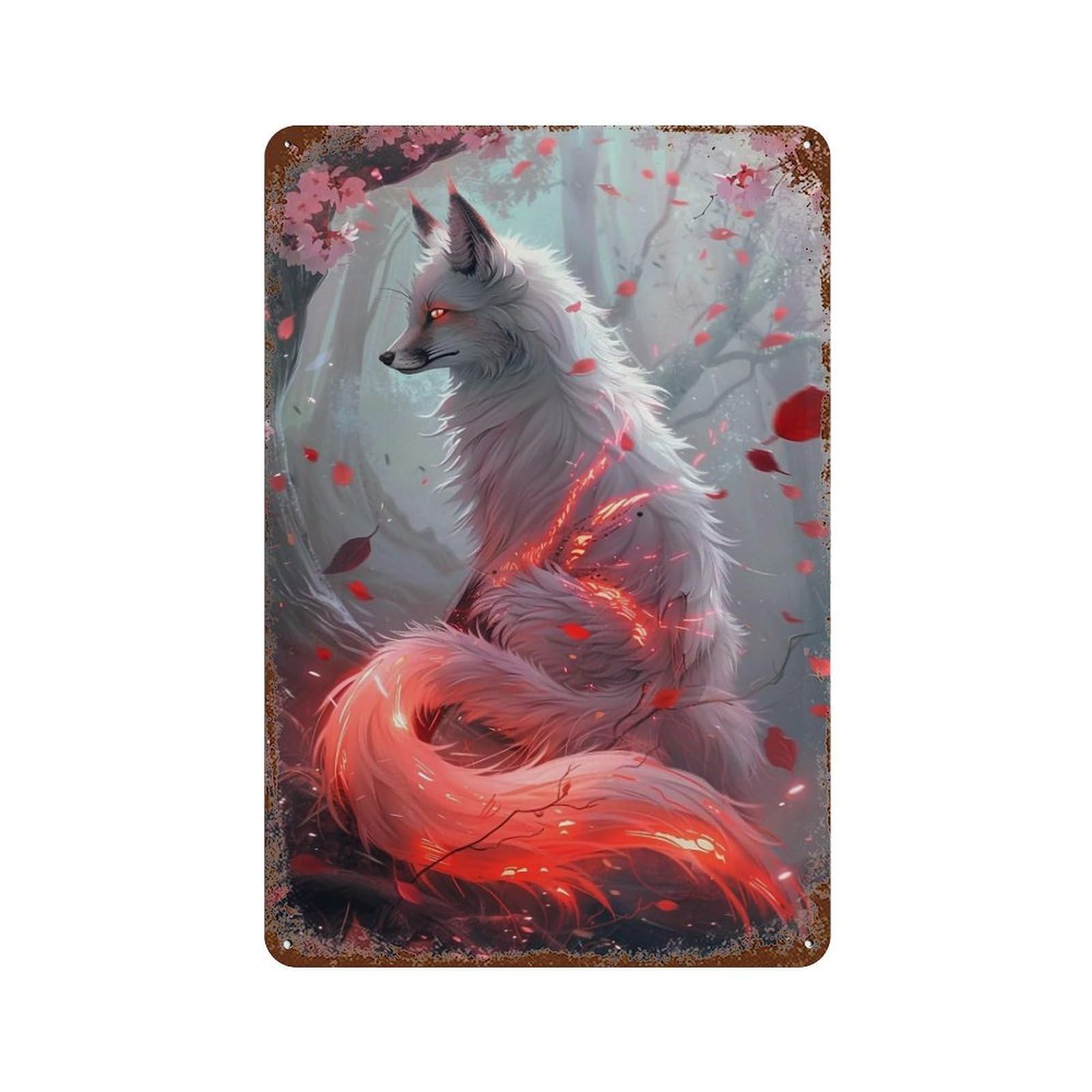 HDURYEYRYY Oriental Fantasy Glowing Red Stream White Nine Tailed Fox 03 Wall Retro Iron Vintage Art Metal Tin Sign Poster Modern Home Cofffee Club Art Bar Shop Decor Style 30x20cm