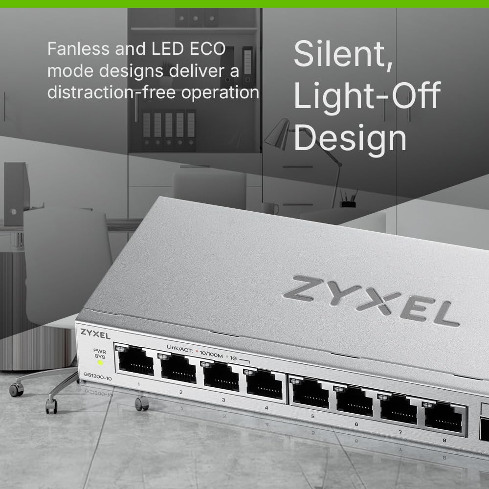 Zyxel Switch Ethernet 8 Porte | Switch Gigabit Web Managed | 2x SFP Uplinks | QoS, Link Aggregation, VLAN, IGMP Snooping | Senza ventola | Desktop [GS1200-10v3]