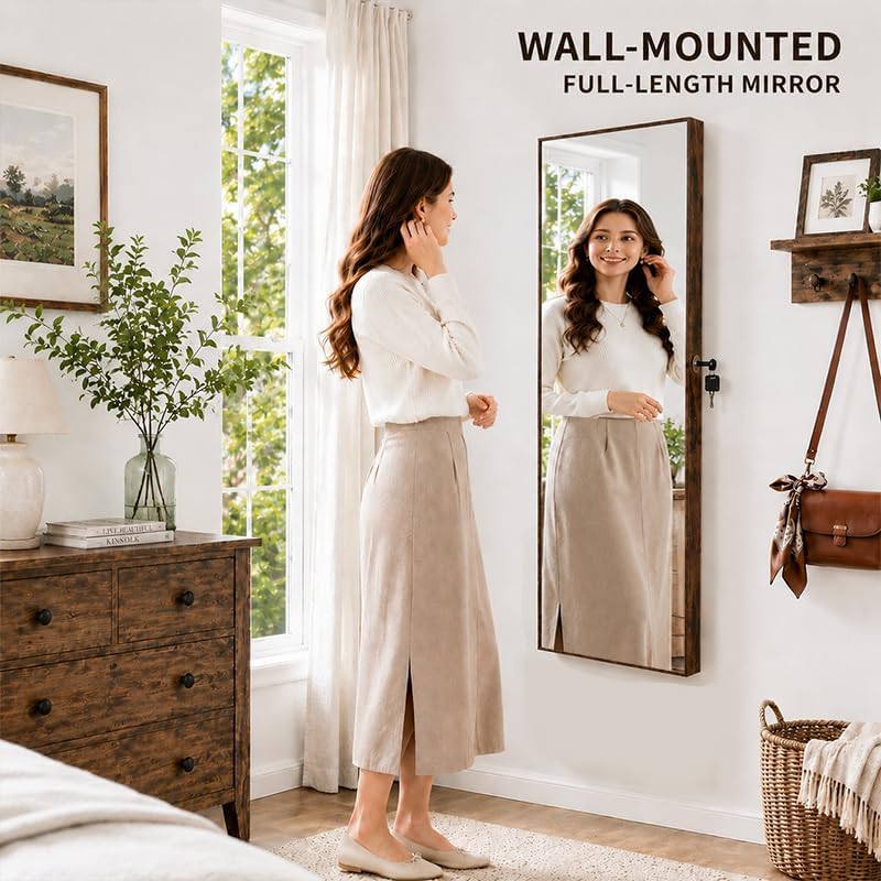 Lockable Jewelry Cabinet Organizer with Full Length Mirror, 6 Auto LED Lights, Wall & Over Door Mount Jewelry Armoire with Earring Slots, Necklace Hooks, Foldable Makeup Shelf thumbnail