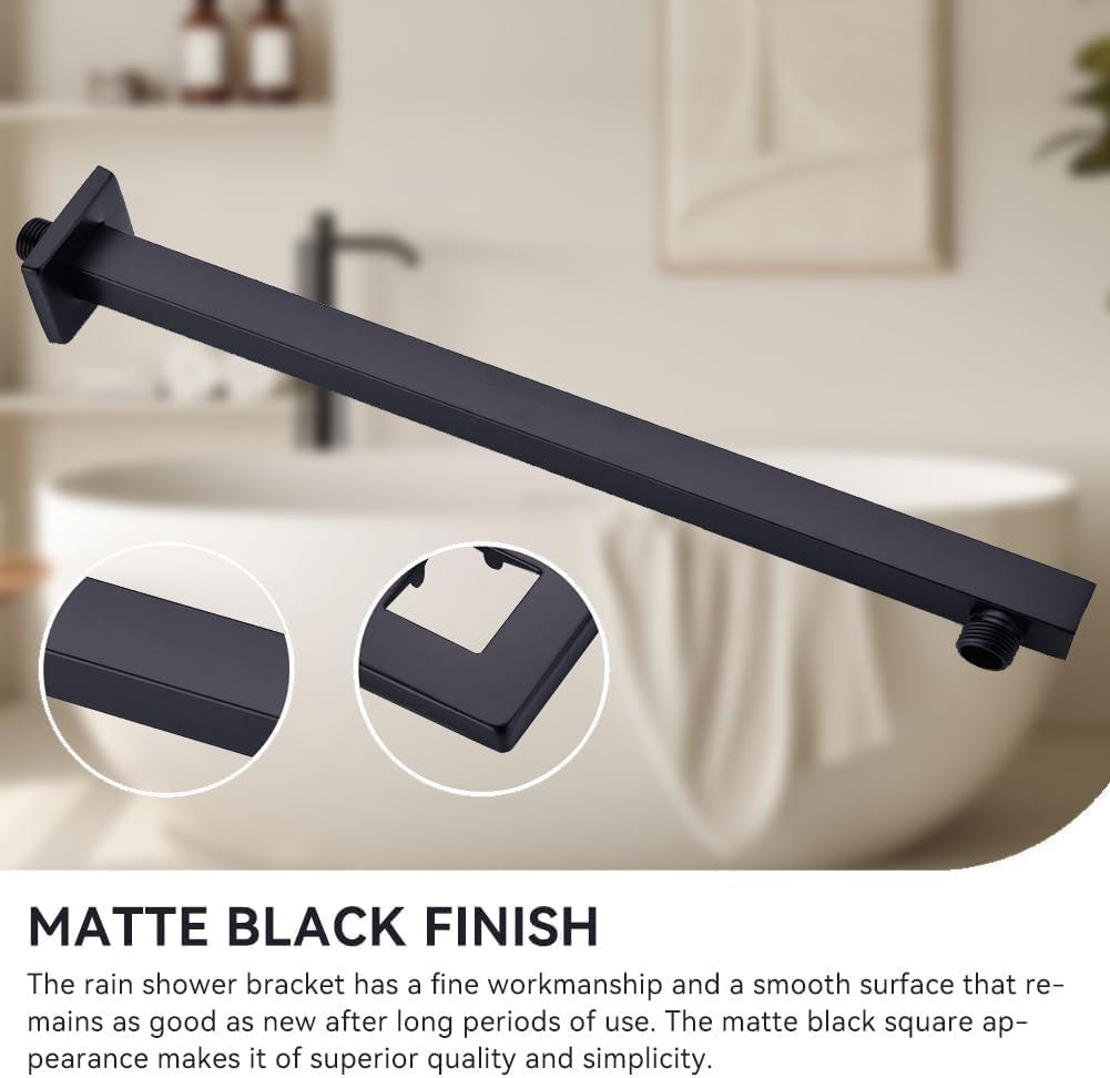 Brazo de Ducha Negro, Extensión de Brazo de Ducha de Acero, Cabezal de ducha recto cuadrado de acero inoxidable montado en la pared de 14 pulgadas brazo de extensión acceso al baño
