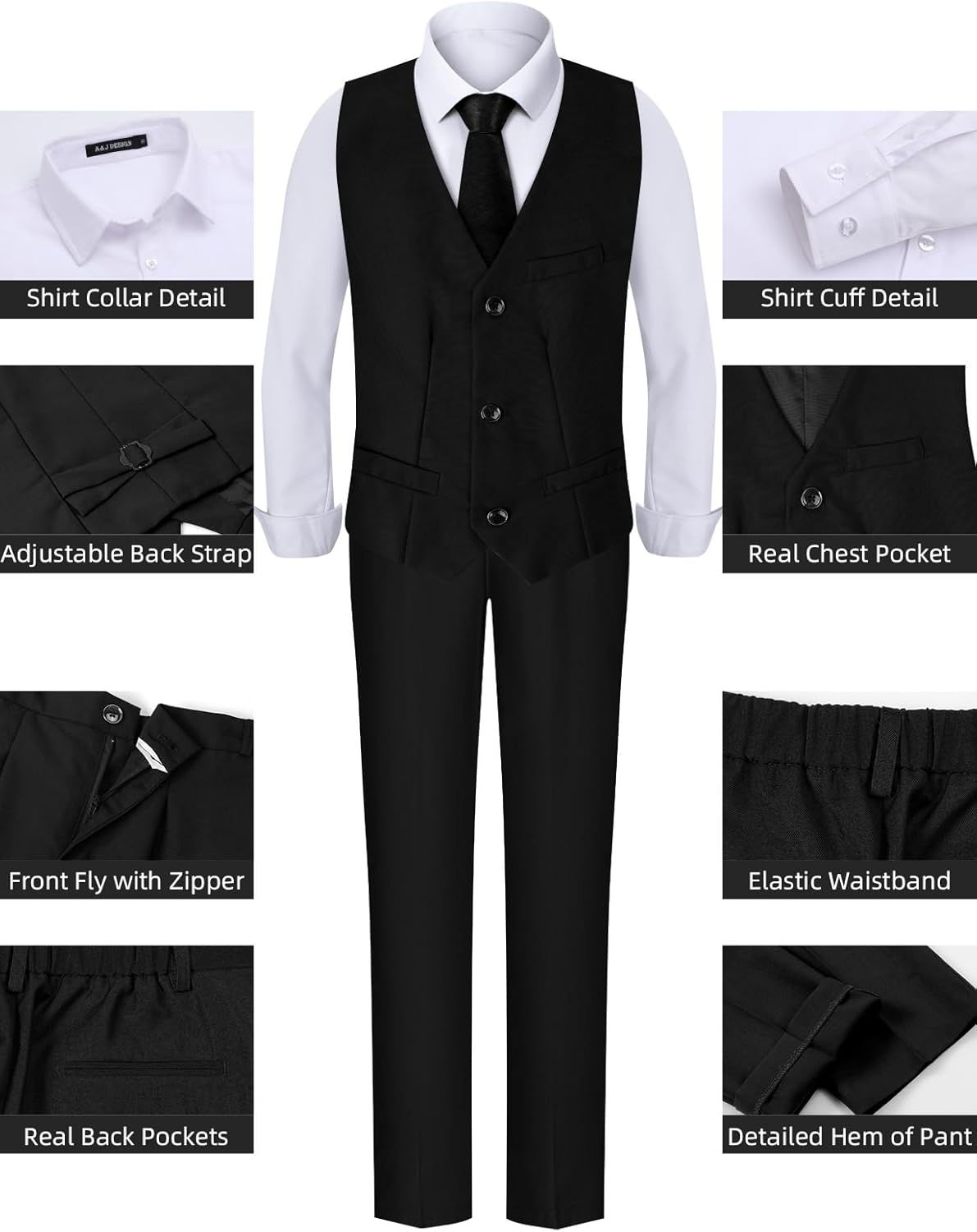 A&J DESIGN Boys Formal Slim Fit Suit Kid Tuxedo Dress Outfit, Jacket & Pants & Vest & Dress Shirt & Zipper Tie & Bowtie - Image 6