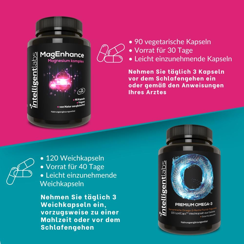 Intelligent Labs 2-in-1 Bundle: MagEnhance Magnesium Komplex (Magtein L-Threonat, Glycinat, Taurat) & Omega-3 Fischöl Triglycerid (2250mg). Premium-Kombination für Gehirn, Herz & tägliche Vitalität.
