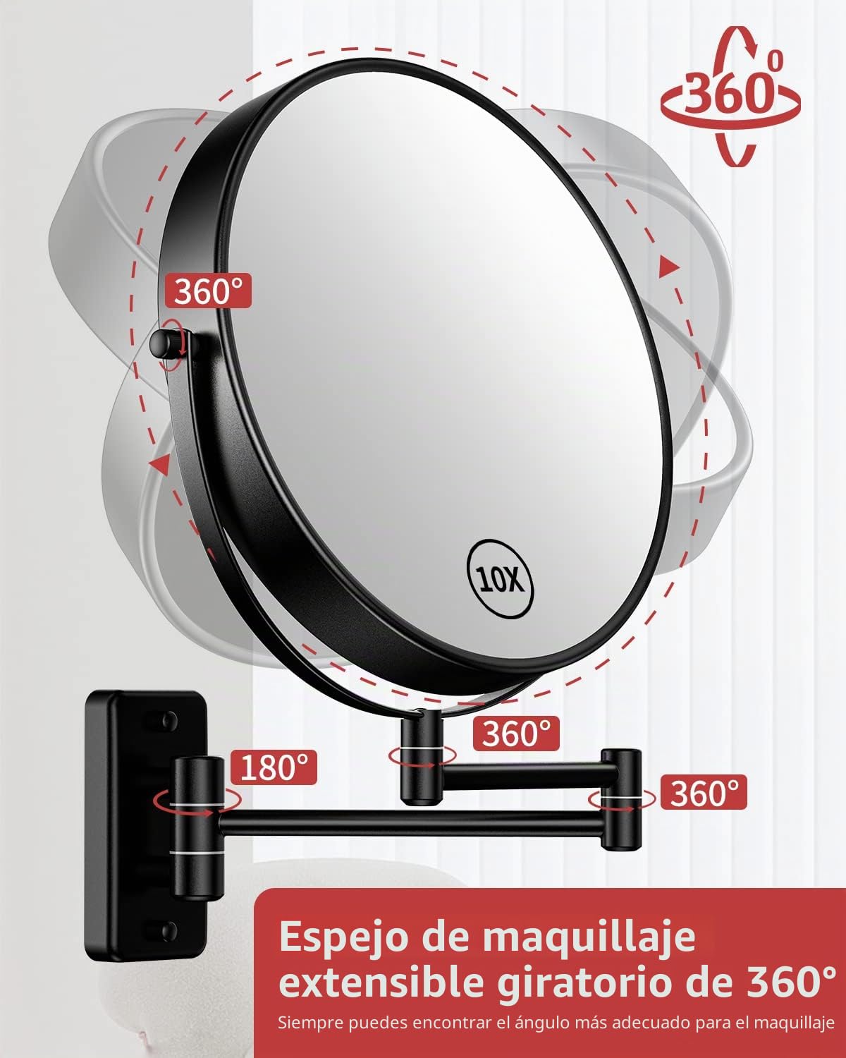 Gospire Espejo de Maquillaje de 9 Pulgadas, Aumento 1X/10X, Espejo Giratorio de Doble Cara, Espejo de Pared de baño Pulido Negro para Mujeres y Hombres