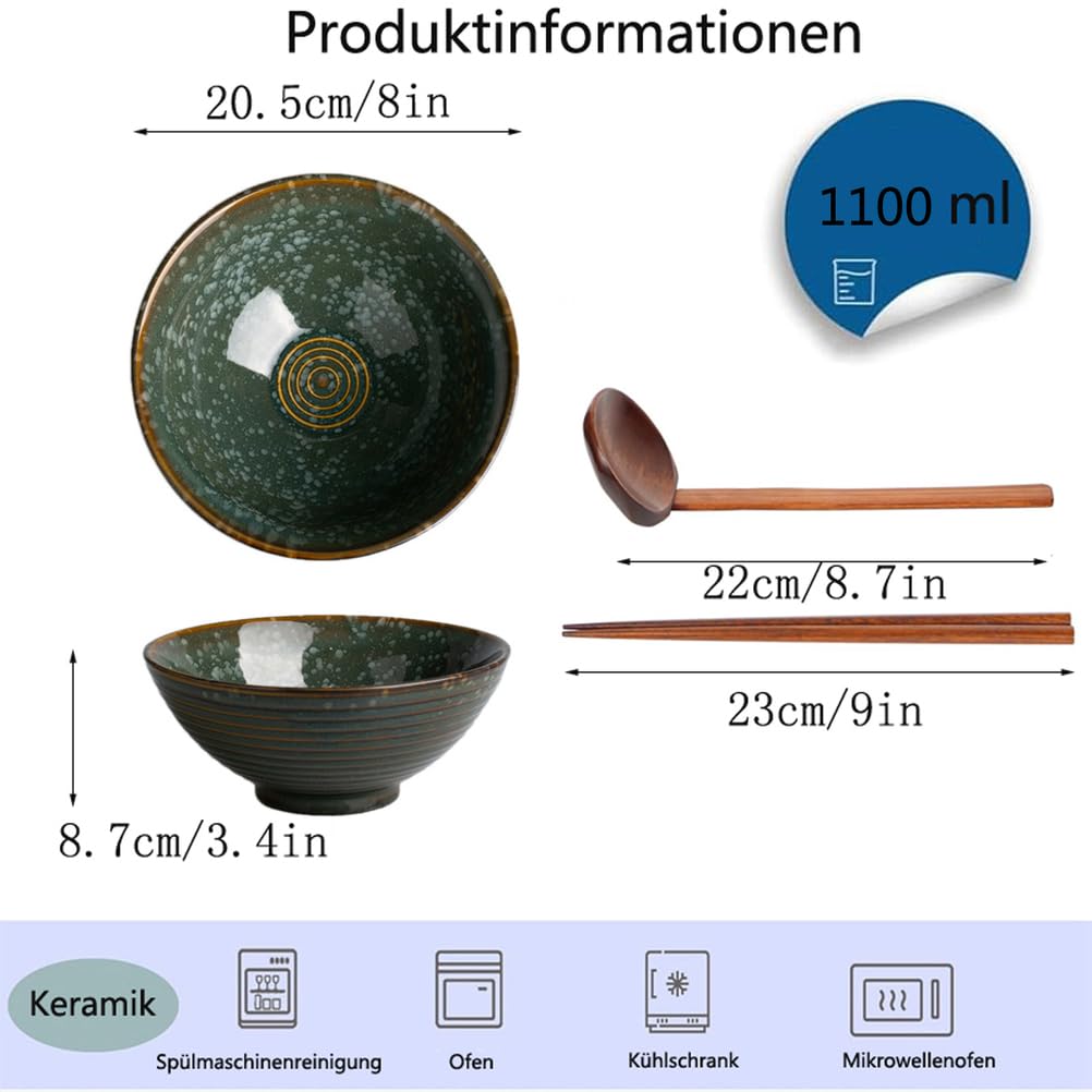Ramen Schüssel Set 2X1100 ml Ramen Bowl Keramik Mehrzweckschüssel mit passendem Löffel und Essstäbchen für Instantnudeln Suppe Nudel Pho Udon und Soba,Smaragdgrün