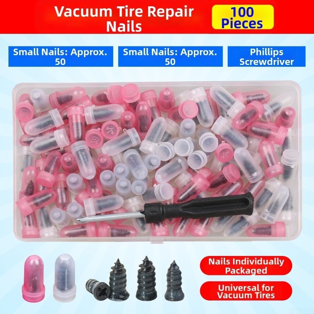 Tire Repair Kit With 100 Stoppers And Screwdriver For Quick Fixes, Offering Strong Grip And Seal For Efficient Puncture Fixing