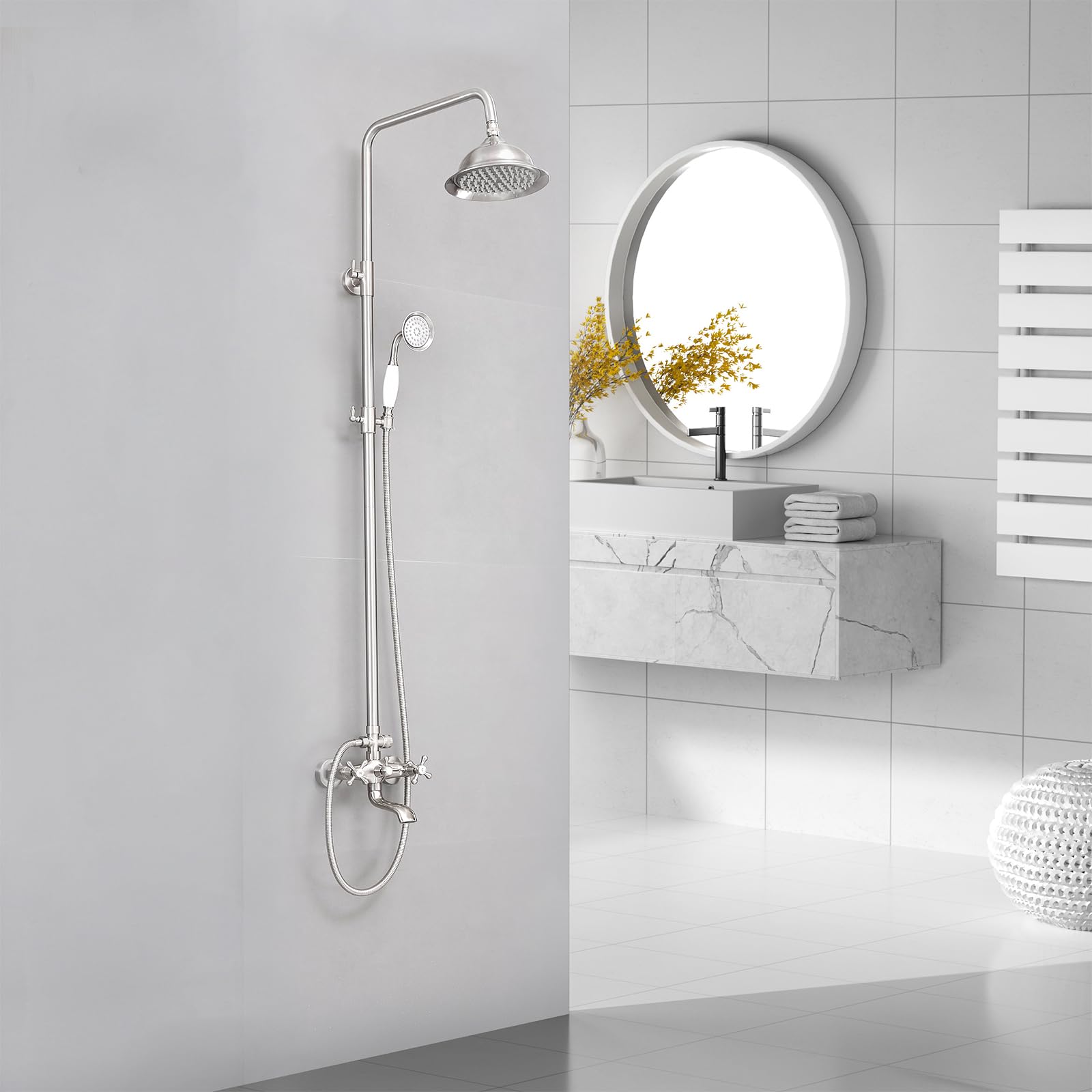 BWE Brushed Nickel Shower Faucet Set 8-Inch Rain Shower Head Handheld Sprayer and Rotatable Tub Spout Triple Function Wall Mount Shower Fixture Combo System Stainless Steel