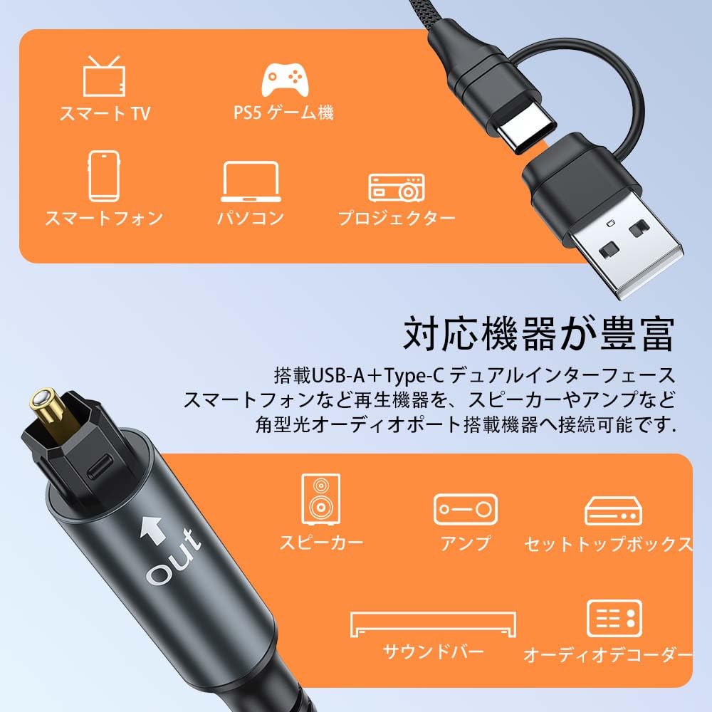 Optisches Audiokabel, USB auf Toslink 2-in-1 USB A/USB C auf SPDIF, digitales optisches Adapterkabel, 24 Bit/192 kHz für Laptop, PC, PS5, Soundbar, Lautsprecher, Heimkino, 1,8 m