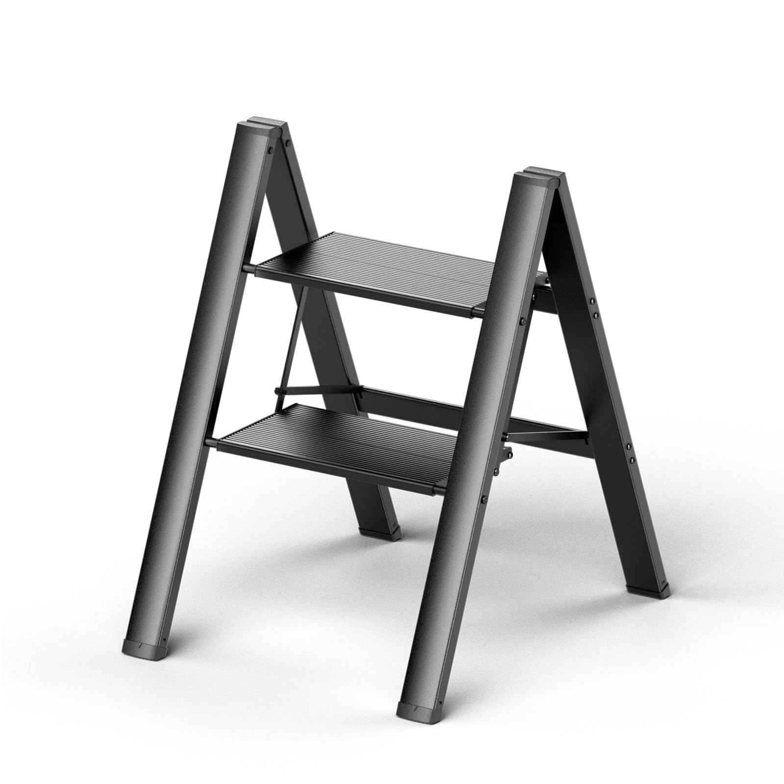 2 Step Ladder, Aluminum Step Stool Foldable, Lightweight Step Stools for Adults, Sturdy& Portable Ladders for Home Kitchen Library Office, Black