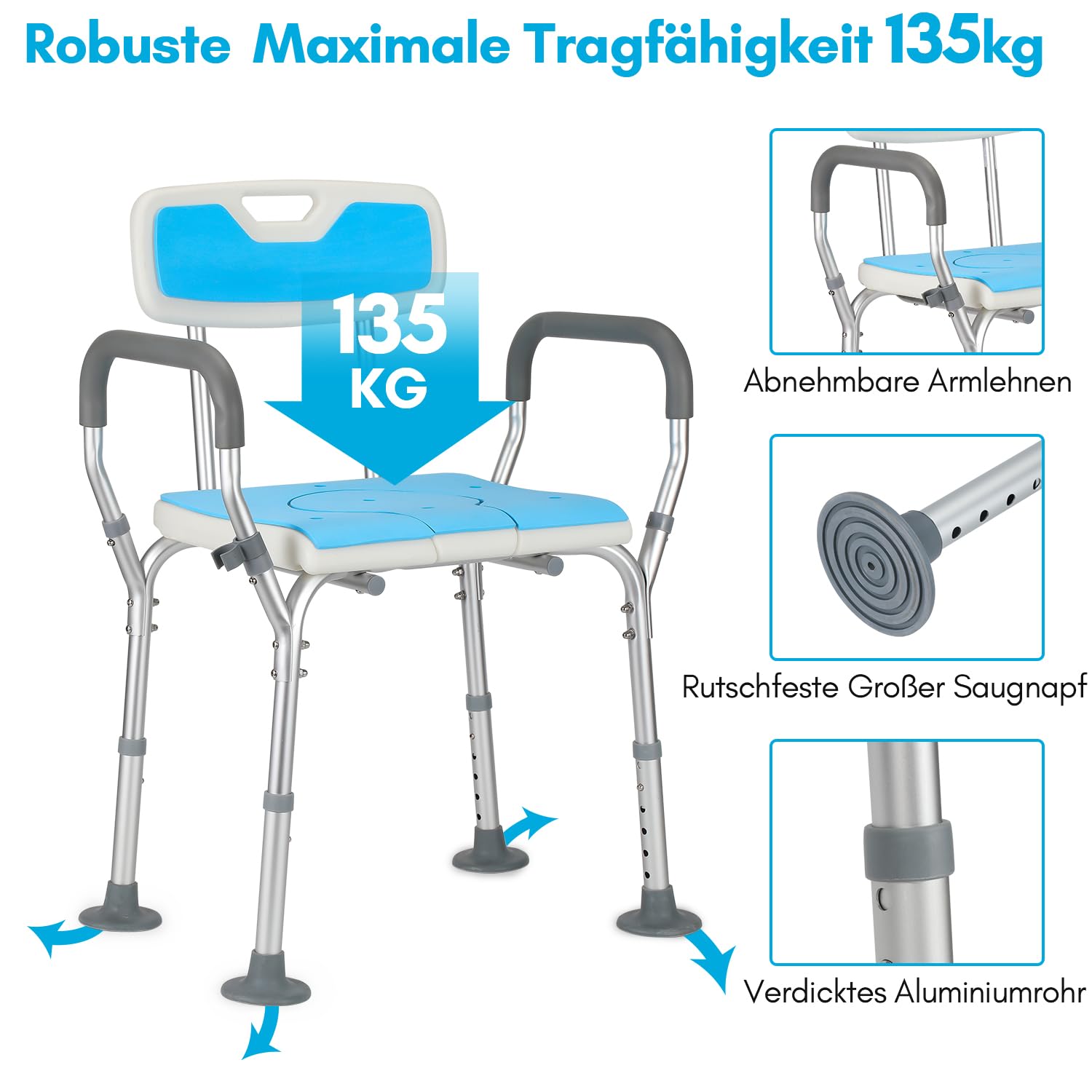 Duschhocker für senioren, Duschstuhl mit Rückenlehne und Armlehne, abnehmbarem Kissen, Höhenverstellbar Badhockerund 39-52 cm, Badhocker mit Anti-Rutsch-Füße Duschsitz Duschhilfe Badsitz