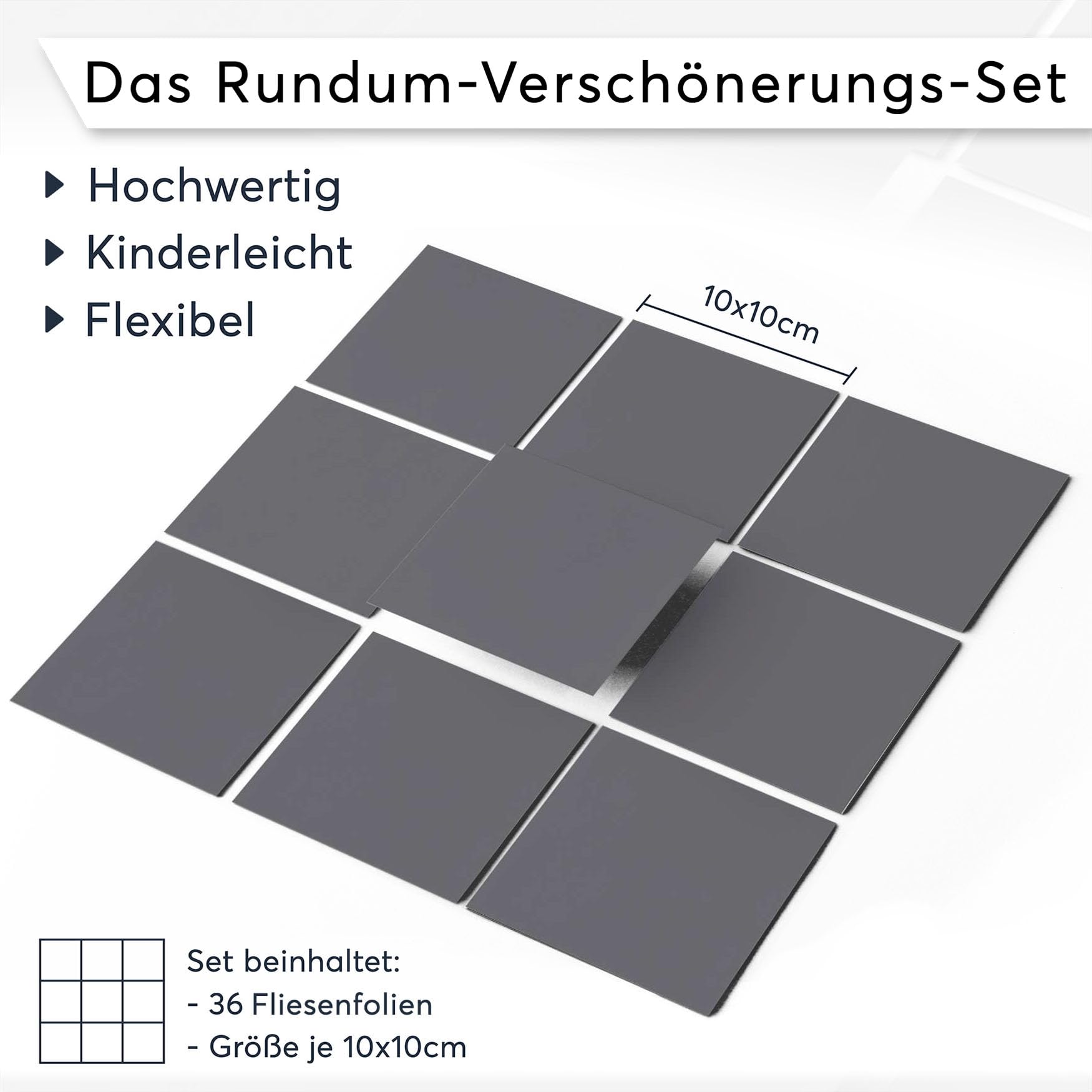 Badfliesen I Selbstklebende Fliesensticker Fliesen Tattoo Küchen-Folie Wand Deko I 10x10 cm Farbe Grau Light - 36 Stück