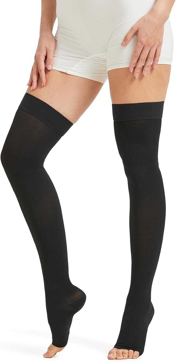 NURCOM 20-30 mmHg Medical Compression Stockings for Women & Men, Open Toe Thigh High Compression Socks with Dot Silicone Band, Graduated Support Stockings for Varicose Veins, Swelling, DVT, Flight