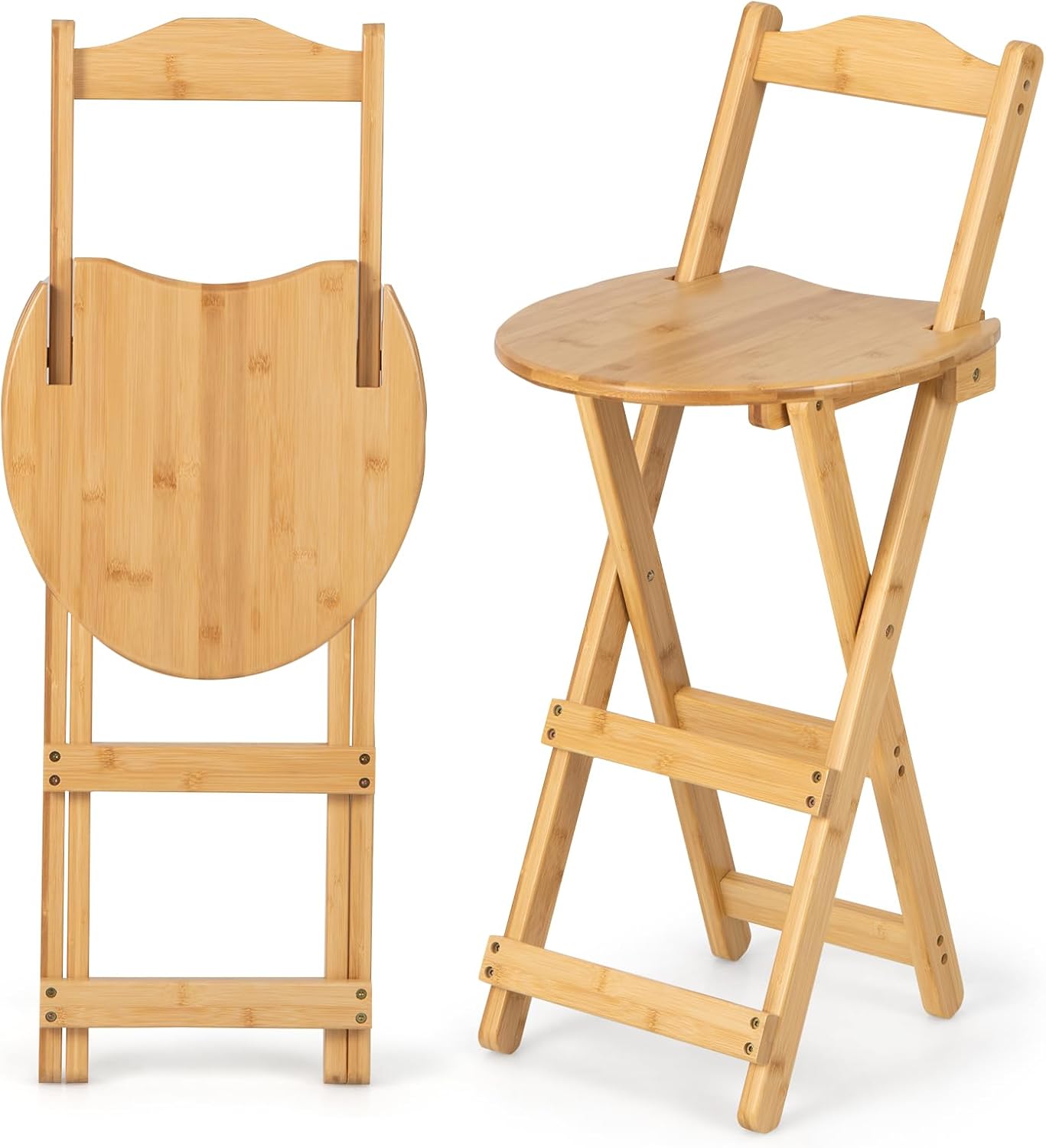 LIFEZEAL Set of 2 100% Bamboo Bar Chairs, Folding Bar Stool with Foot, High Bar Chair with Love Seat, Bar Chair with 150 kg Load, 36 x 34 x 84 cm, Natural