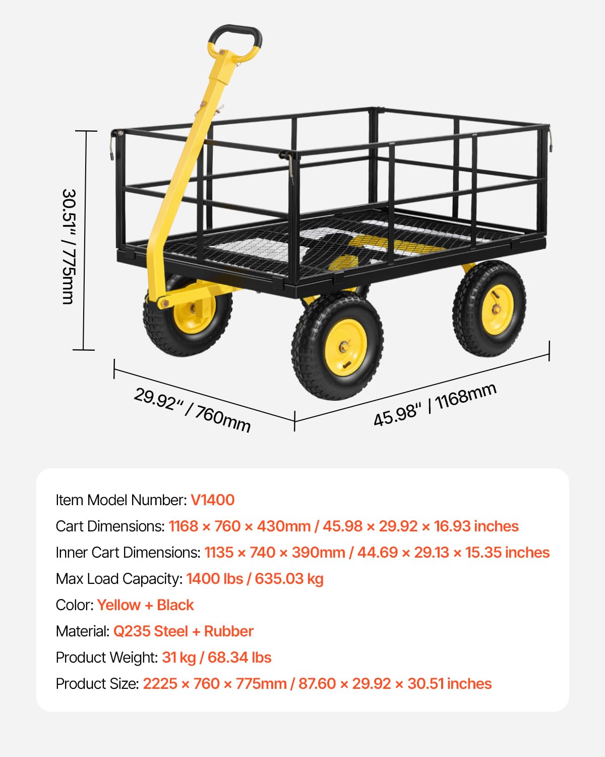 VEVOR Carrello in Acciaio da Giardinaggio, Carriola Trainabile da 635 kg, Multiuso Design 2 in 1, con Pneumatici Fuoristrada, Sponde Laterali in Rete Rimovibili e Maniglia Girevole, per Uso Esterno