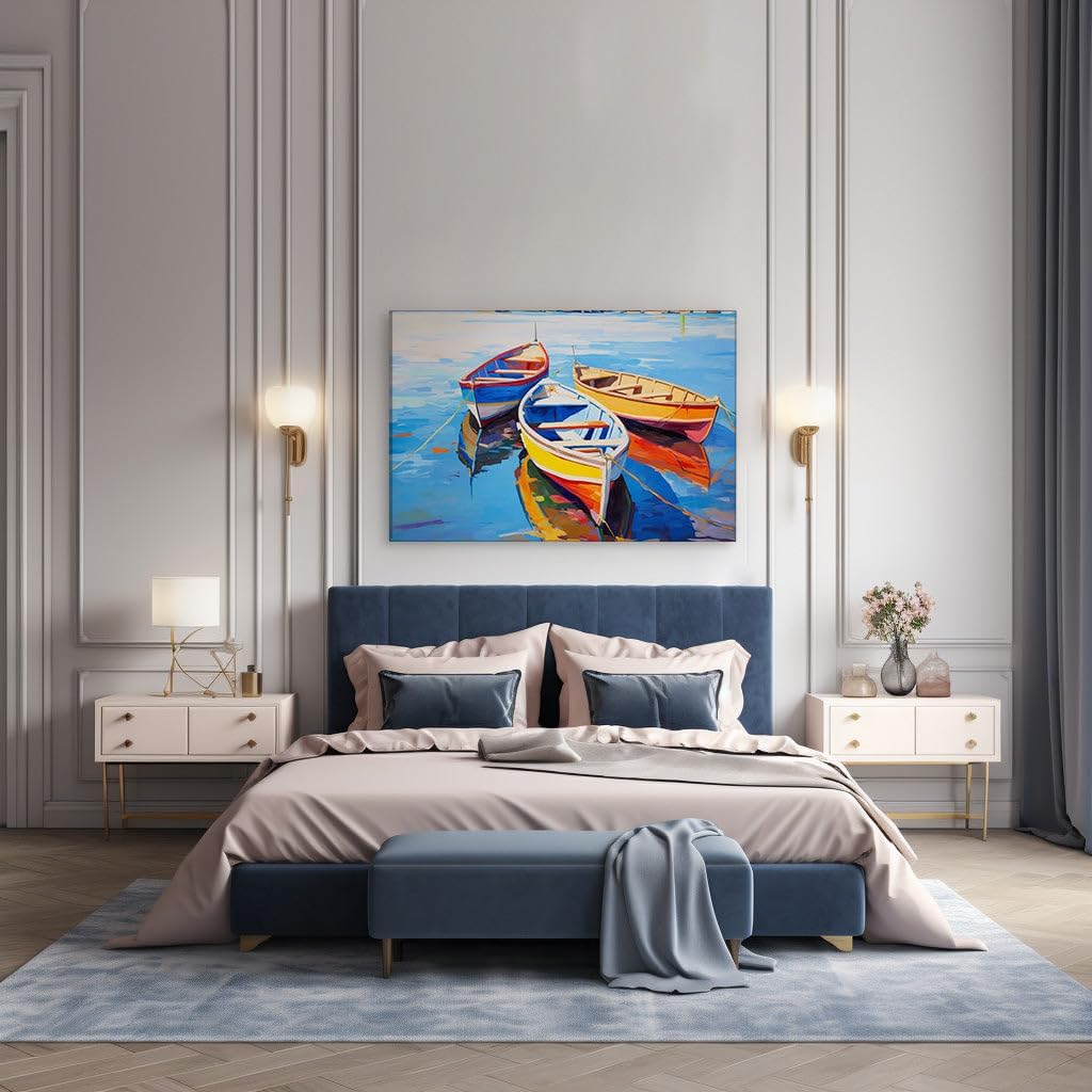 Canvas for Living room. Serene Waterscape with Reflective Trio of Colorful Boats, 27 x 18 inch Canvas Wall Art - Contemporary Masterpieces - Modern Home Decor