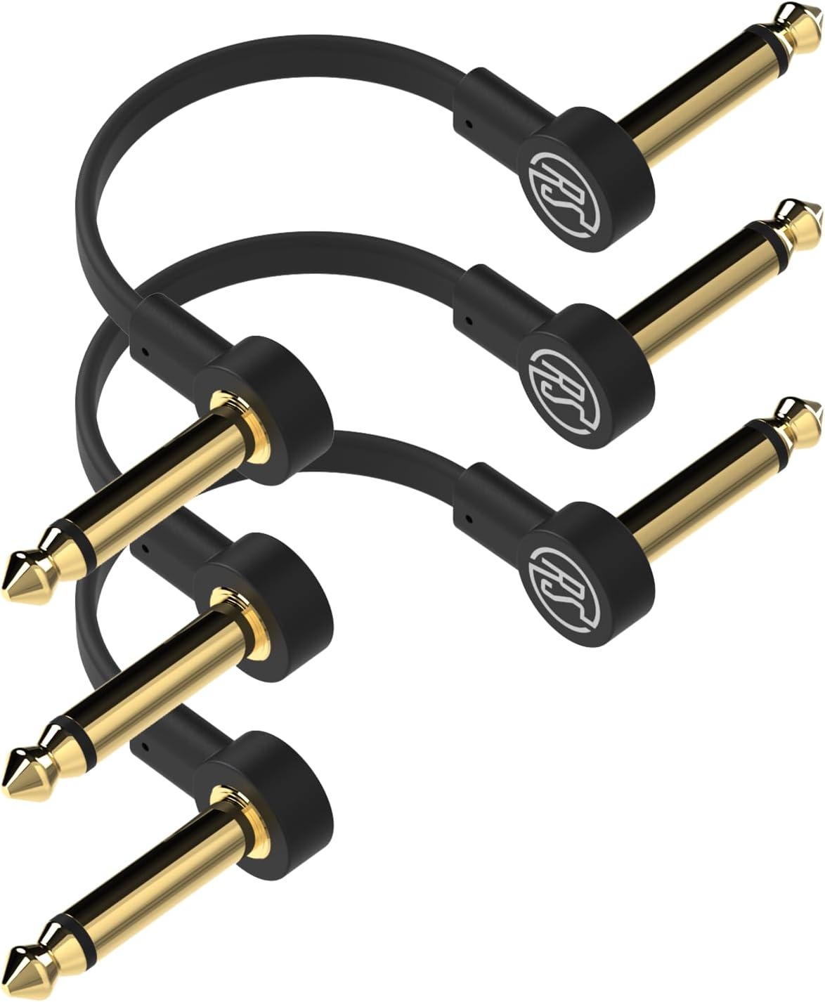 Rock Stock Guitar Flat Patch Cables (Pack of 3) - 6 Inch C-Shape Ultra-Thin Effect Guitar Pedal Patch Cables - Right-Angle, Black with Durable Gold Plated Connectors, Maximize Pedalboard Space